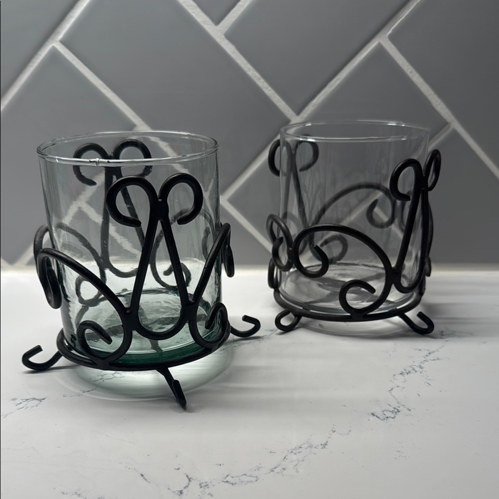 Black/rubbed bronze metal and glass candle holders trinket holders